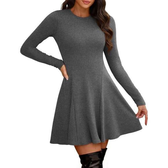 Women Dark Grey Crew Neck Ribbed Knit Flare A-Line Long Sleeve Sweater Dress - Picture 3 of 5